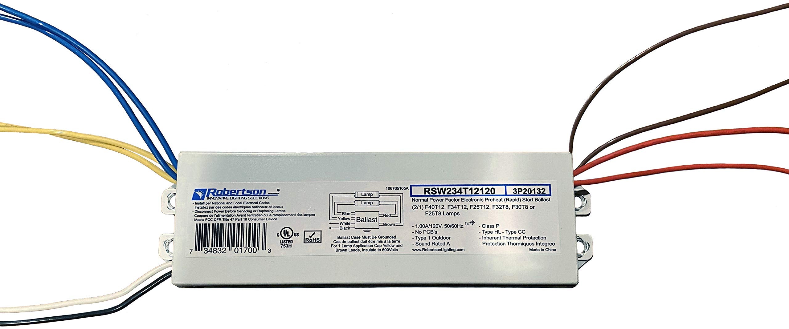 Robertson 2P20132 Quik-Pak of 10 Fluorescent eBallasts for 2 F40T12 Linear Lamps, Preheat Rapid Start, 120Vac, 50-60Hz, Normal B